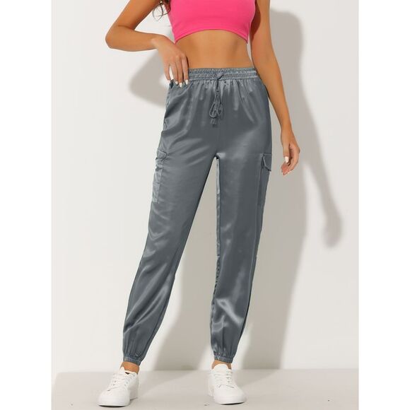 Satin Joggers Drawstring Elastic High Waist Silky Cargo Pants Grey - Picture 2 of 5